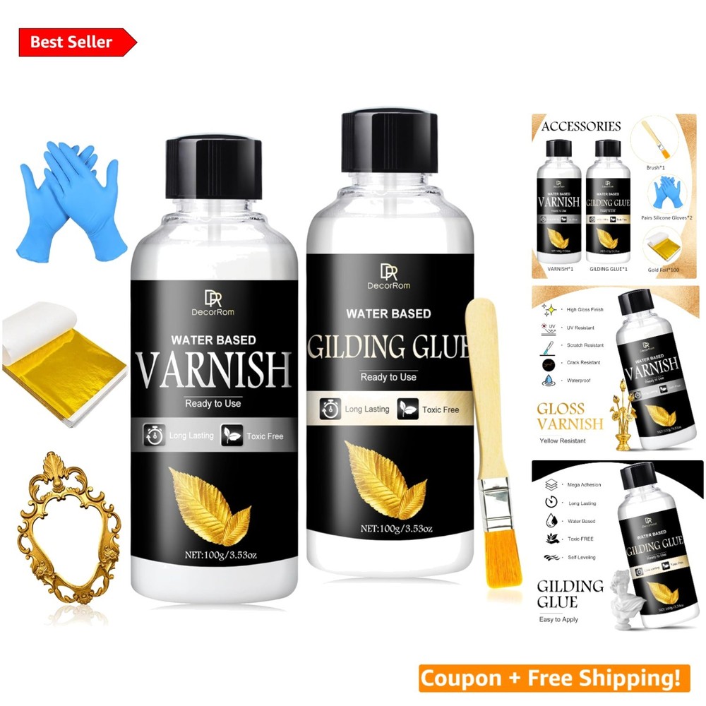 Elegant Gold Leaf Adhesive Kit with 100 Sheets & Brush - DIY Craft Essentials