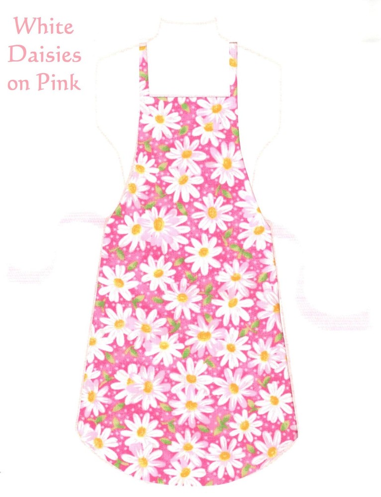 Handmade Tween Size Apron - WHITE DAISIES ON PINK