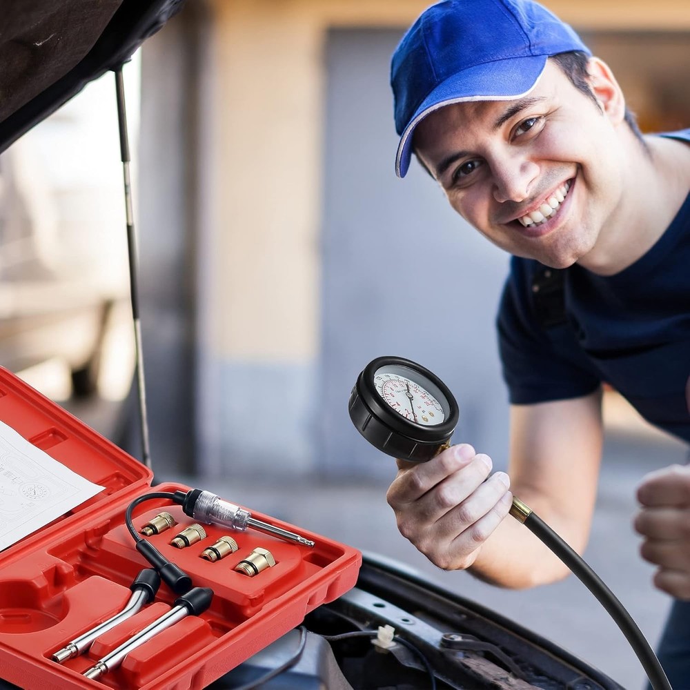 Universal 9-Piece Automotive Compression Tester & Spark Plug Tester in Red