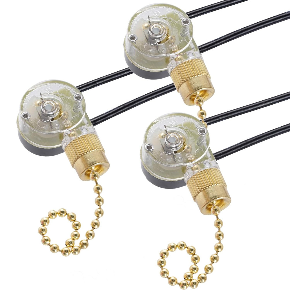 3 Pack Two-Wire Ceiling Fan Light Switch Pull Chain Control (Brass)
