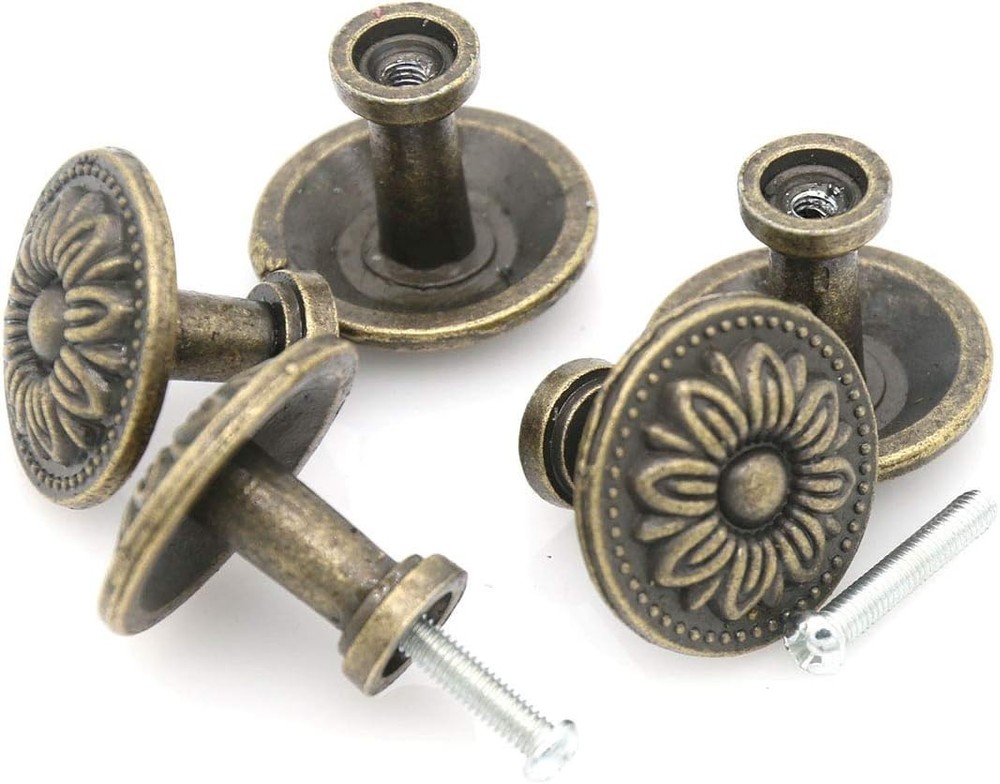 8 PCs Vintage Antique Brass Knobs Handles Pulls with Flower Pattern for Cabinet
