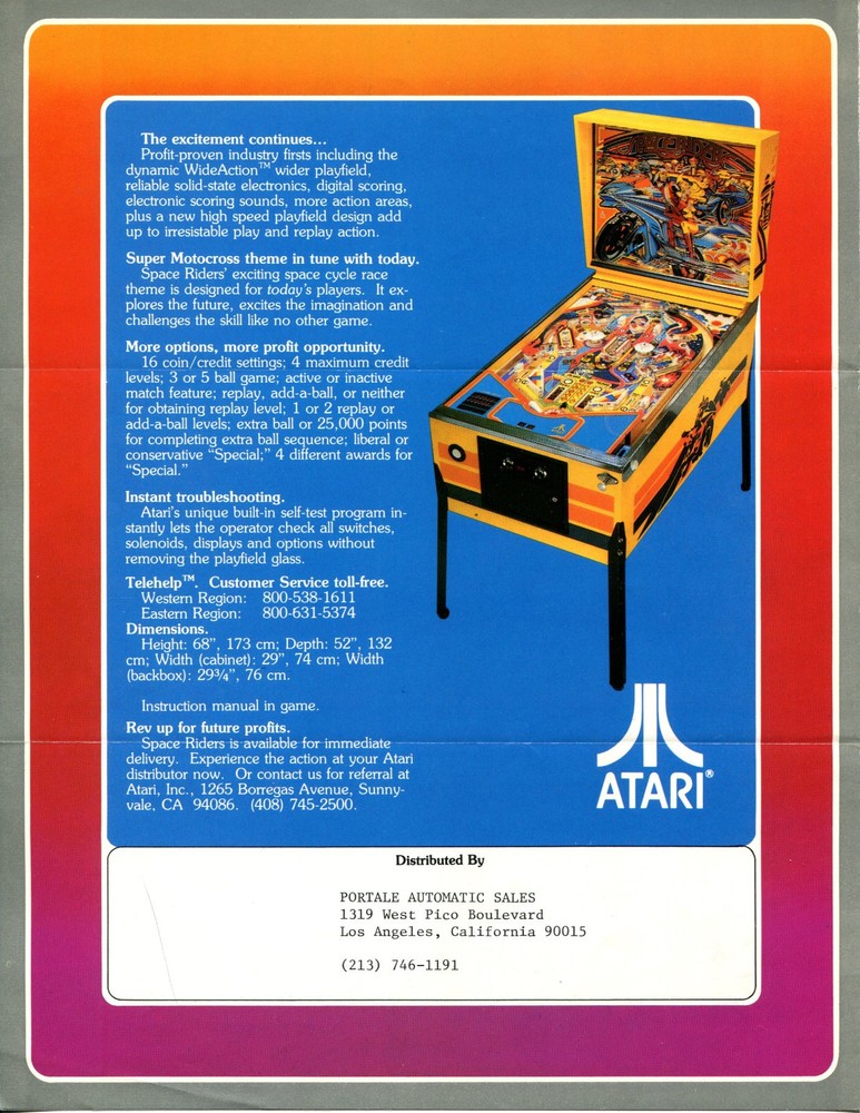 Space Riders Atari Pinball Flyer / Brochure / Ad