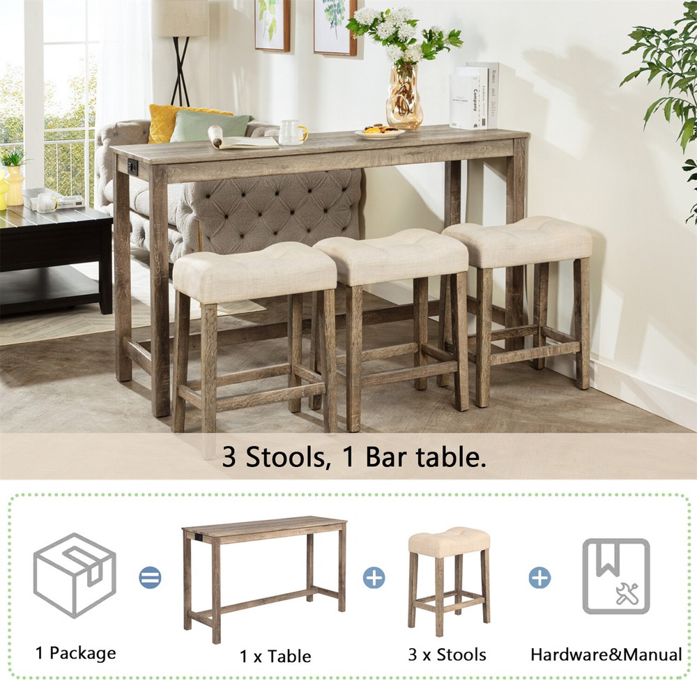 4 Piece Bar Table Set Counter Height Kitchen Dining Table with 3 Stools