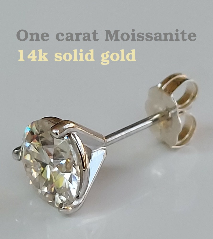 Classic 1ct Single Moissanite Stud Earring 14k solid white gold.