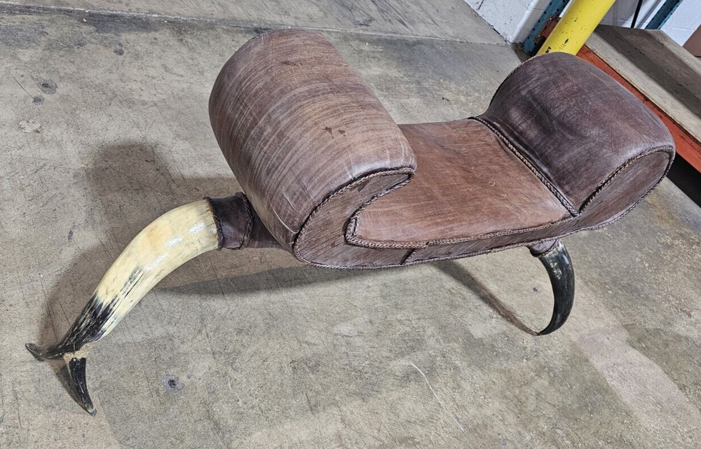 Western Style Leather and Horn Foot Rectangular Ottoman Bench Footstool