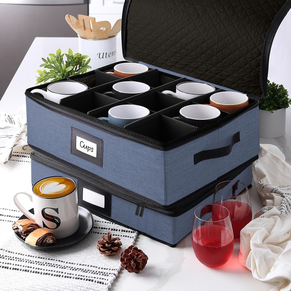 Coffee Mug Storage, 2 Pack Quilted and Stackable 2 Cup Blue