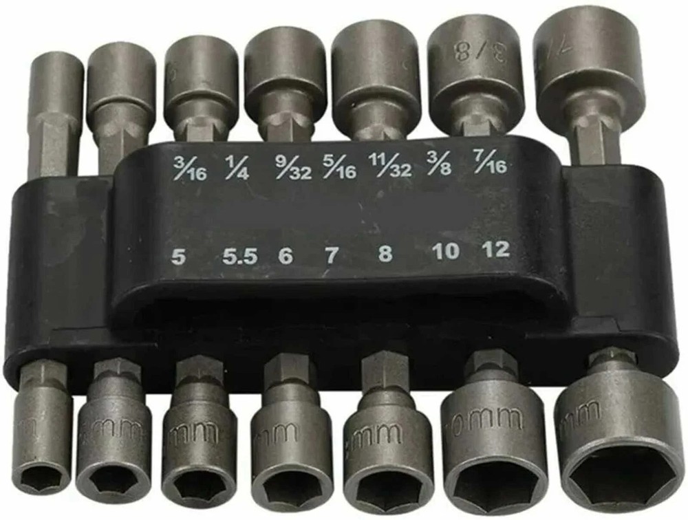14PC POWER Nut Driver Drill Bit Set Socket Bit Adapter metric & SAE Socket for W