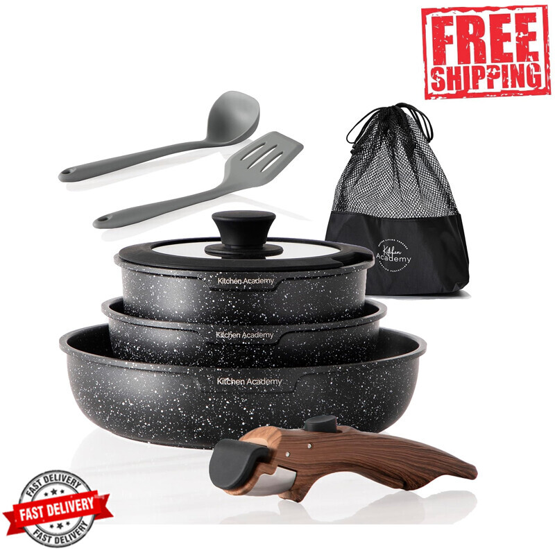 10 Pcs Non Stick Cookware Sets Pots Pans Removable Handle Stackable Cooking New