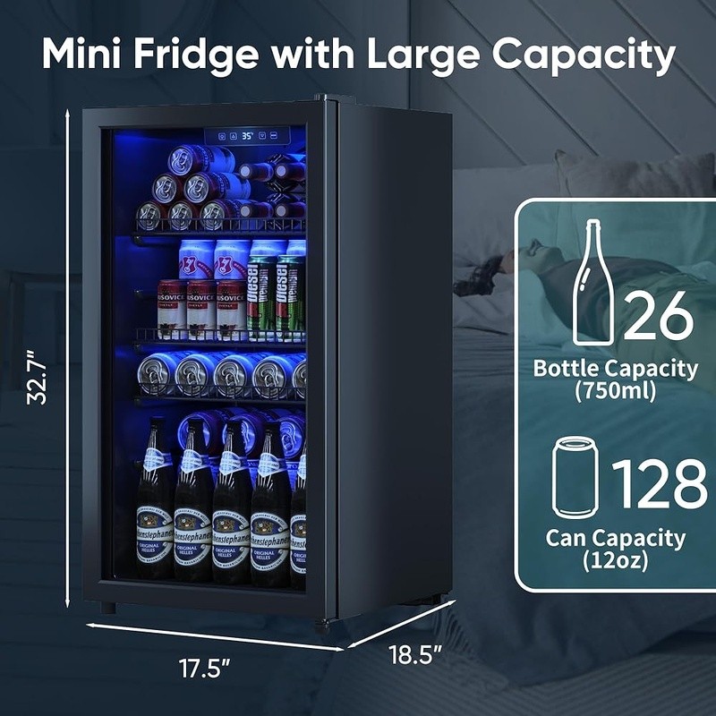Beverage Refrigerator Wine Cooler Temperature Control LED Light Quiet Operation
