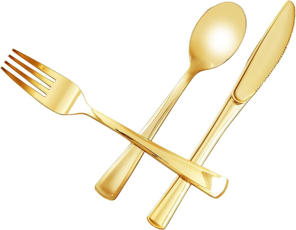 Gold Plastic Sierware - Gold Plastic Cutlery Set Disposable Flatware