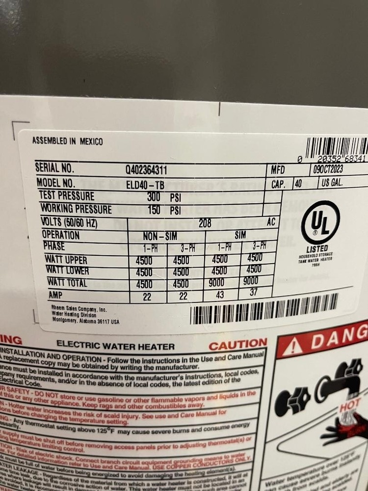 RHEEM Electric Water Heater 40 Gallon #ELD40-TB New In Box