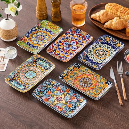 Simi 6-Piece Ceramic Salad Plates Set - Rectangular Dessert Plates 8.5 Inch