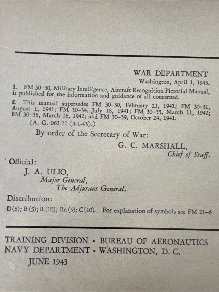 WWII Navy Dept Aircraft Recognition Training Document