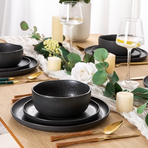 Ceramic Dinnerware Sets, Wavy Rim Stoneware Service for 6 Matte Speckled Black