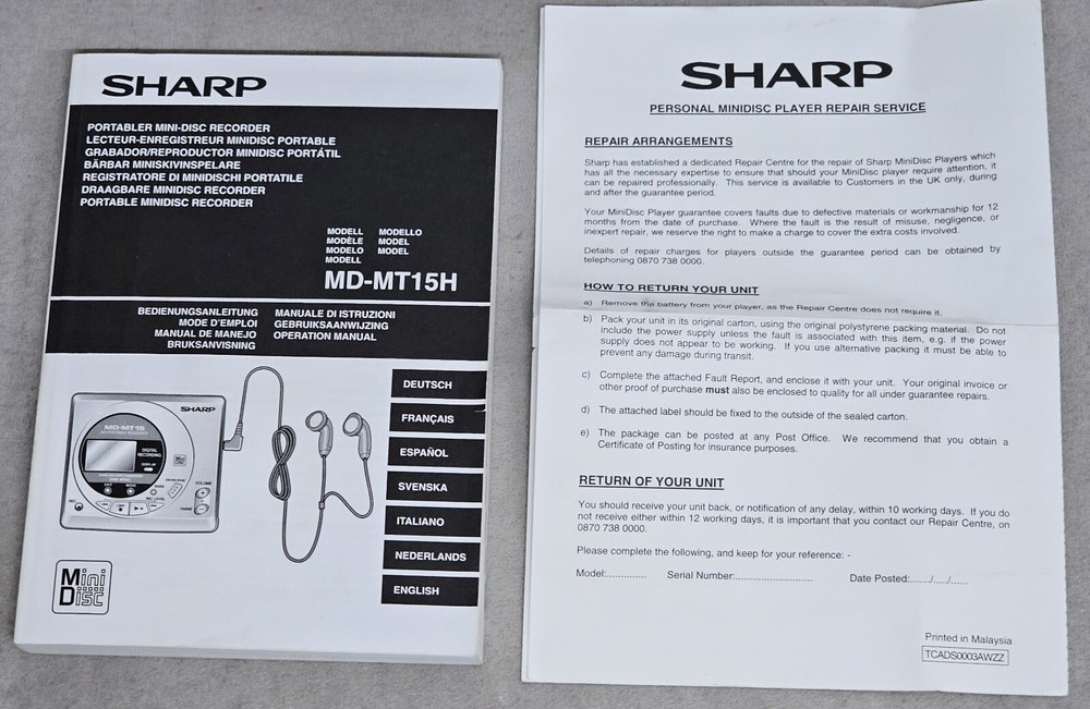 Sharp Mini Disc Portable MD-MT15H