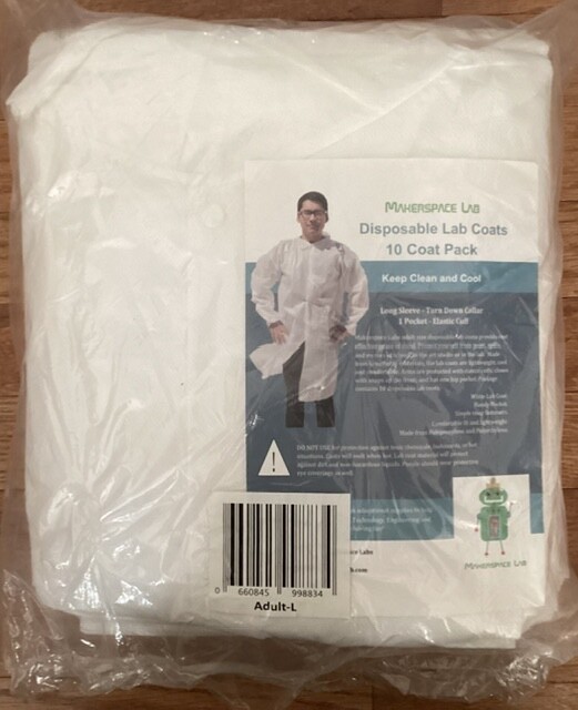 Makerspace Lab Disposable Lab Coats, White, Adult Large, 10 Pack, Long Sleeve