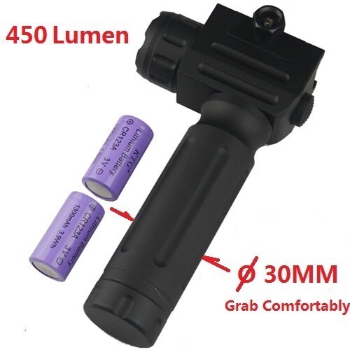 Vertical Hold Push Button 450 Lumen Changeable Brightness with Strobe, Batteries
