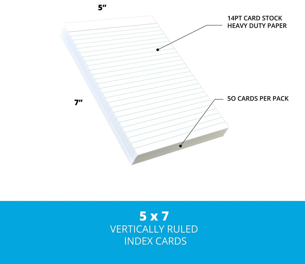 Vertically Ruled White Index Cards, Note Cards 5x7 Inches
