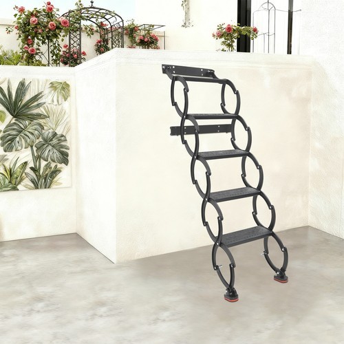 5-Step Wall Mounted Folding Ladder, Black Retractable Telescoping Step Stairs