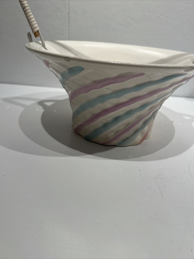 Vintage Basket Planter White Ceramic Pastel Stripes & Handle Easter Spring