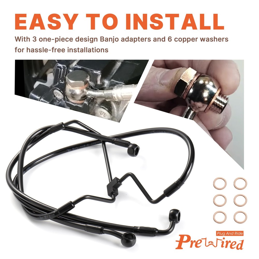 Front Brake Line 16" Handlebars Extension Cable NO ABS for +6”, Black