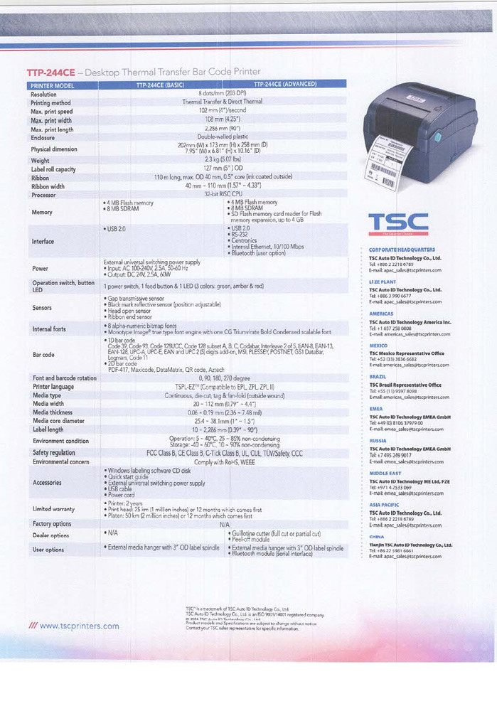 TSC Thermal Transfer Bar Code Printer