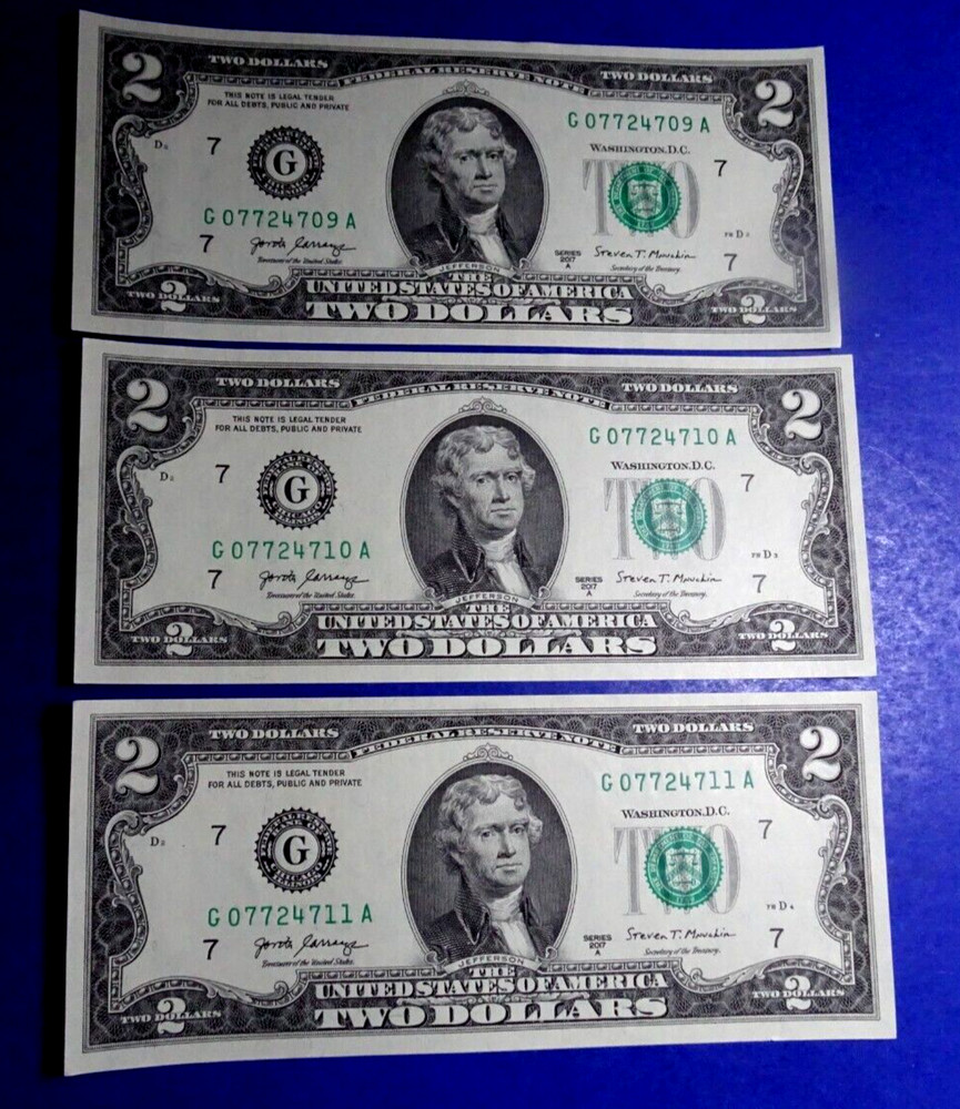 THREE 2017-A $2 (TWO) DOLLAR CHICAGO, IL. (G-DISTRICT 7) "CU" CRISP UNCIRCULATED
