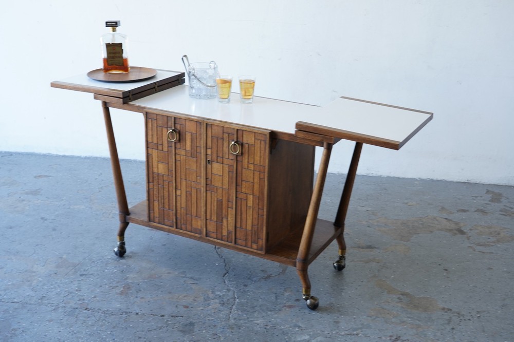 Bert England Brutalist Forward Trend Drop-Leaf Bar Cart / Serving Cabinet
