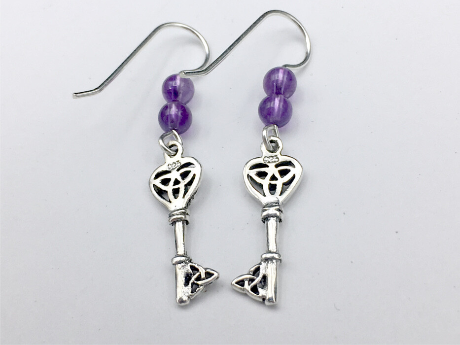 Sterling Silver Heart Key with Celtic Trinity knot dangle Earrings- Amethyst
