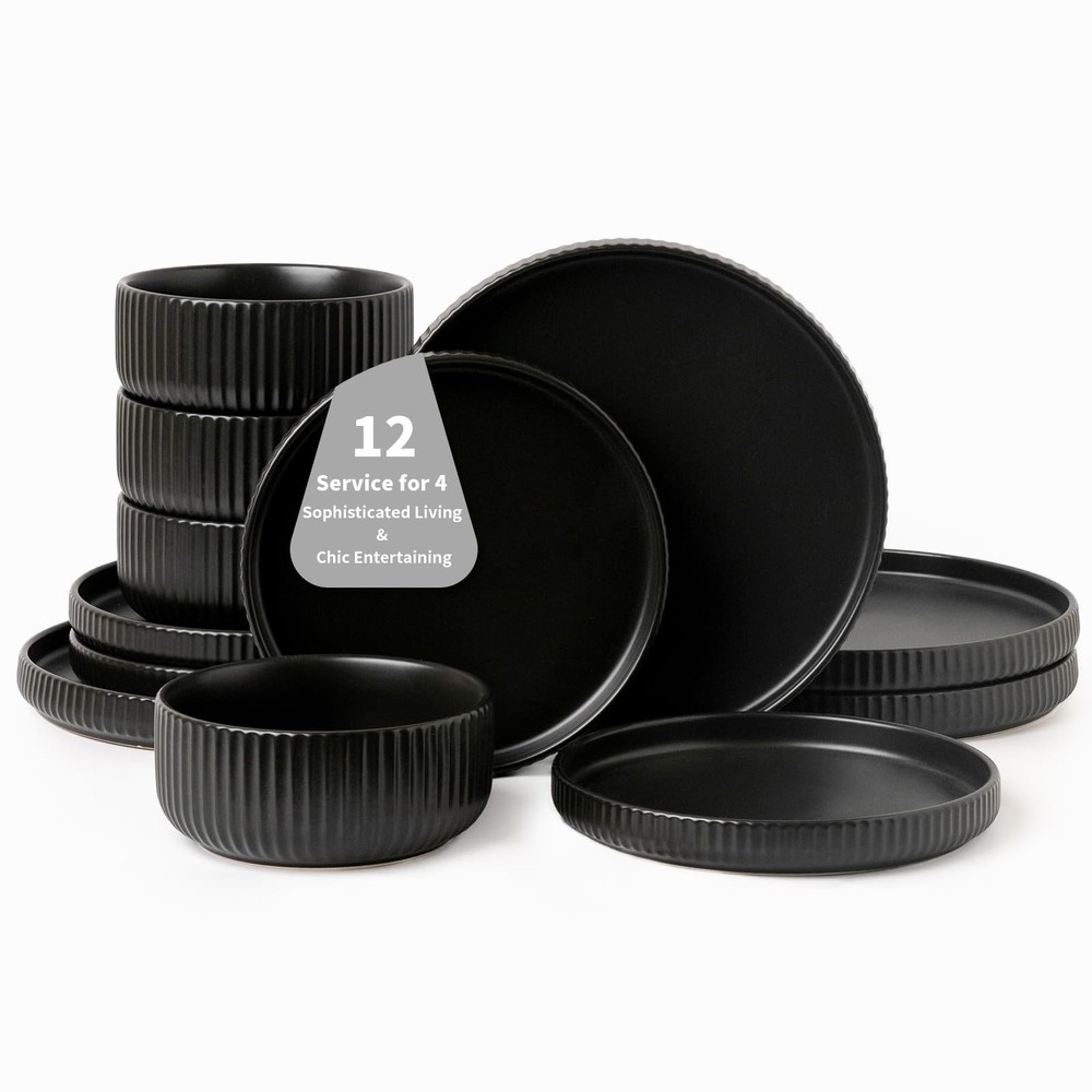 Dinnerware Sets for 4,Microwave Safe Plates and Bowls Sets,12 Piece Dylan Dis...
