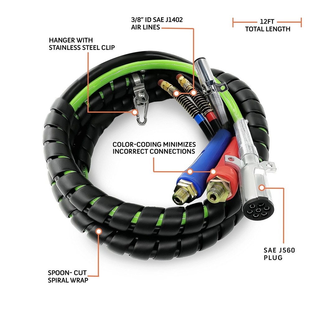 12ft ABS 7 Way Electrical Cable with Handle Grips & Gladhands Tender Spring Kit