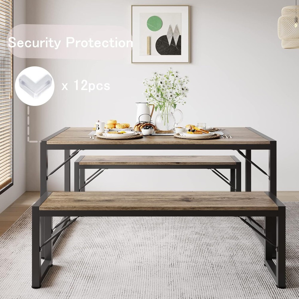 45.5" Dining Table Set for 4 with 2 Benches, Kitchen Table Set with Metal Frame