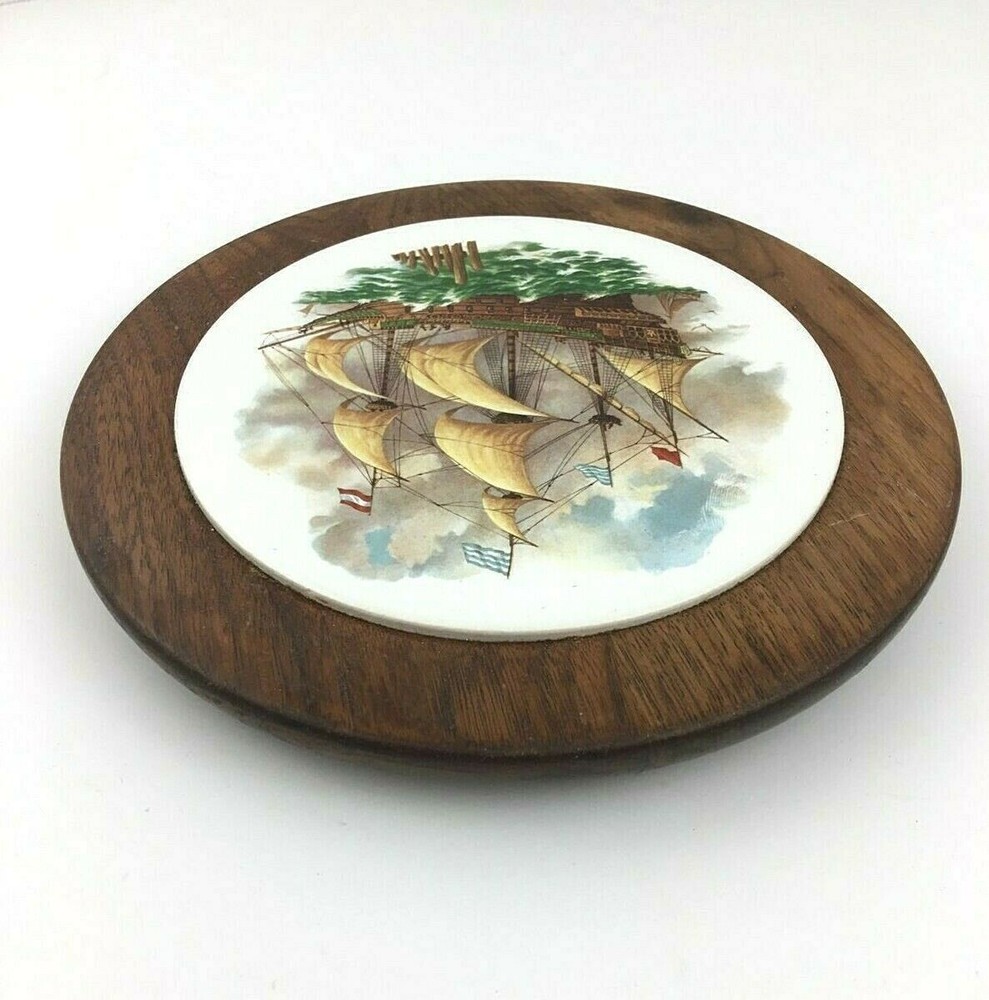 Wood Framed Ceramic Ship Sailing Boat Trivet