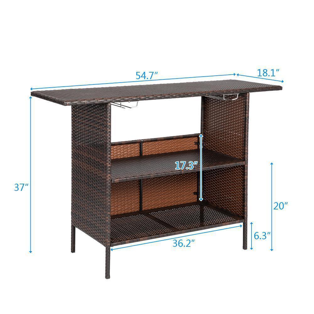 Rattan Wicker Bar Counter Table Patio Dining Table Double Layer Storage Brown