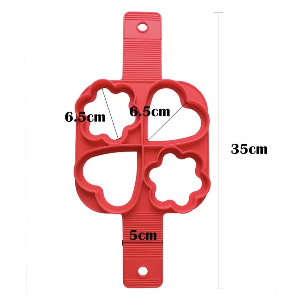 Red Silicone Egg Pancake Maker Ring 4 Molds - 2 Heart & 2 Flower Shape Non Stick