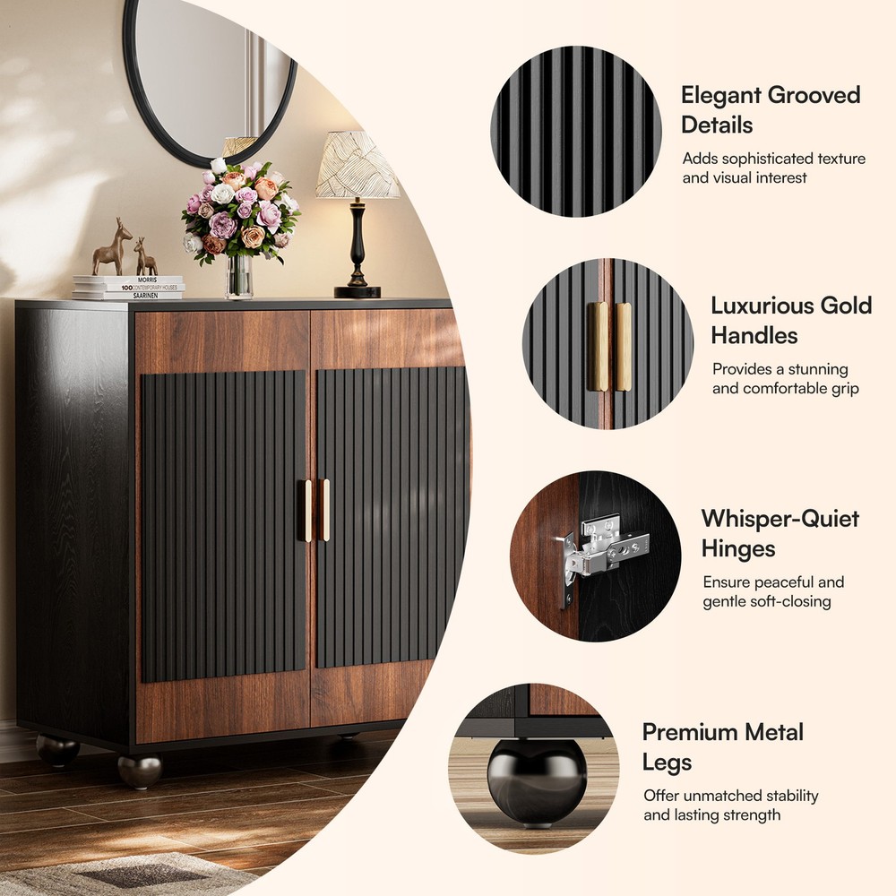 Fluted Sideboard Cabinet with Storage Solid Wood Buffet Corner Cabinet Walnut