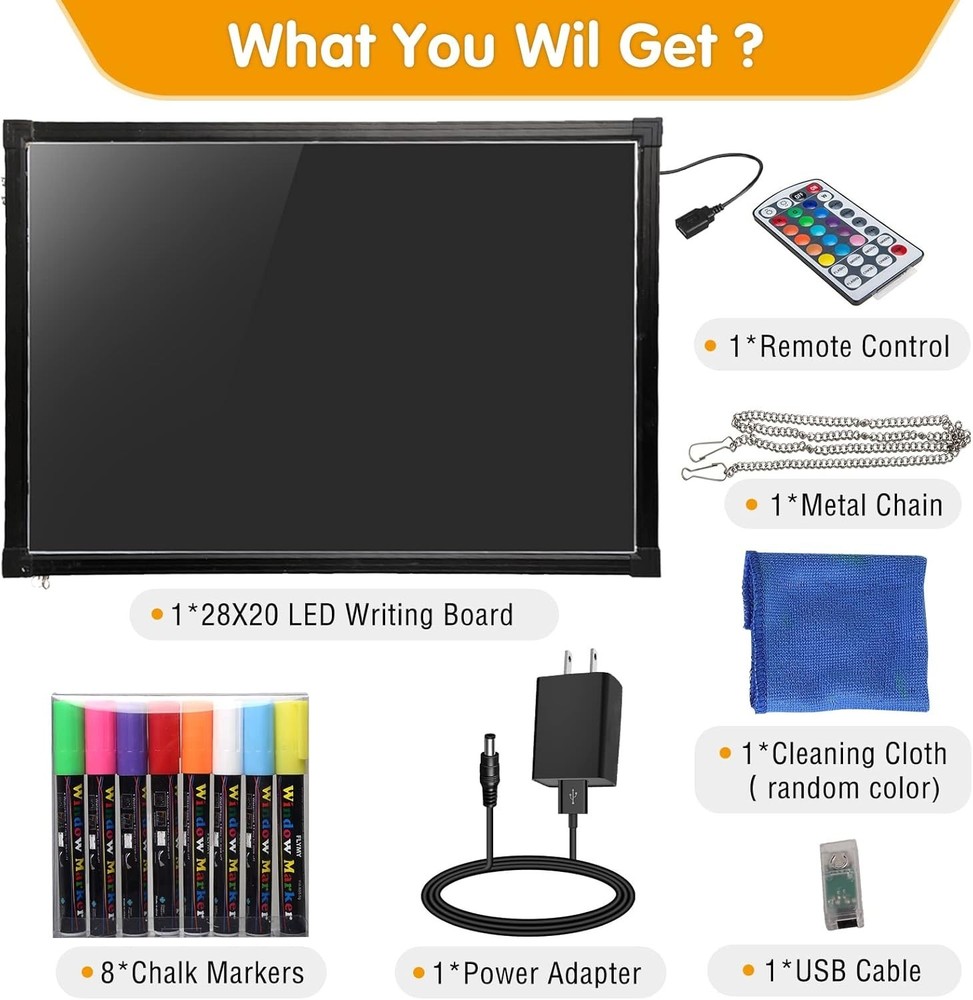 Erasable Neon Effect LED Writing Board - Remote Control, 12 Colors, 28"x20"