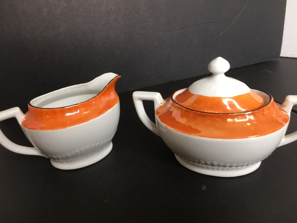 Vintage Germany Creamer & Sugar Roses Lusterware Edging