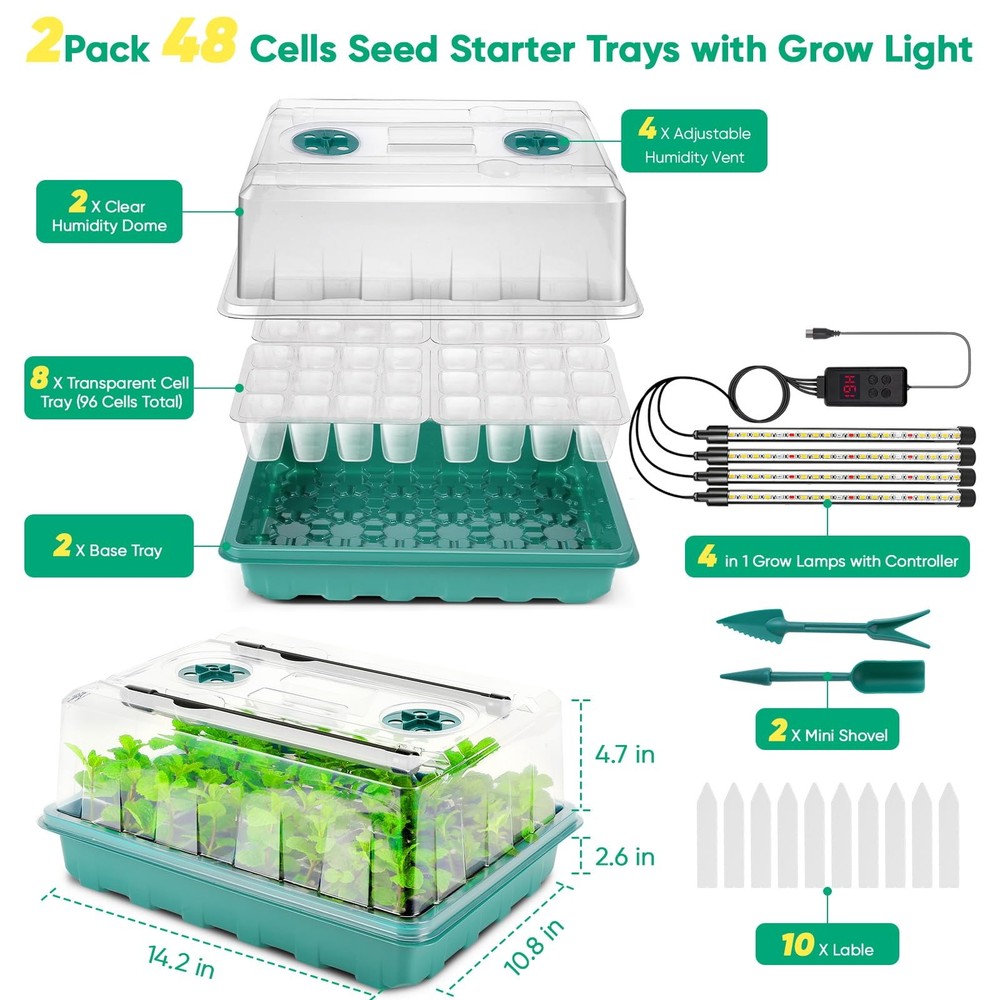 96 Cell Seed Starter Tray with Grow Light, Seed Starting Trays with Adjustabl...