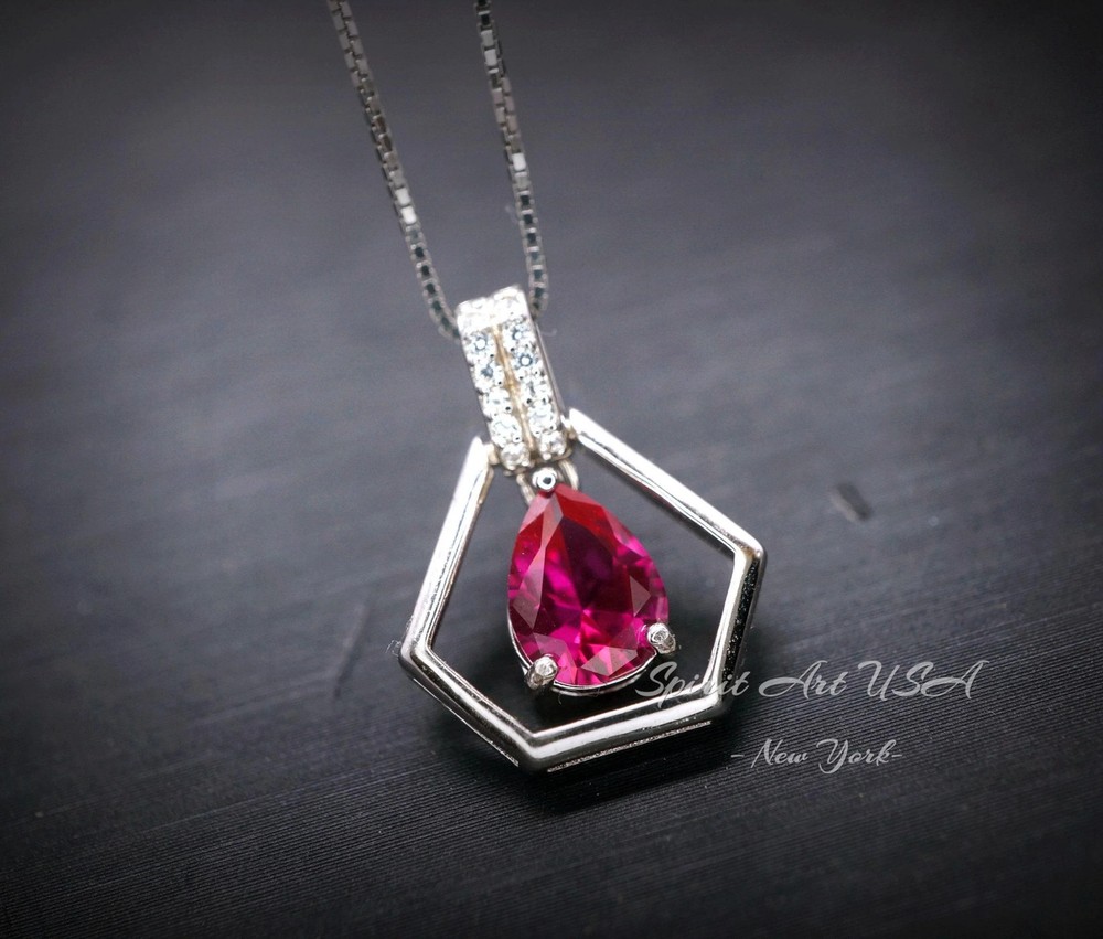 Geometric Red Ruby Necklace - Sterling Silver Triangle Diamond Teardrop Ruby