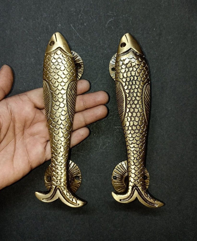 Lacquered Brass Sea Fish Cupboard Pull Office Interior Door Handle Pair AJ456