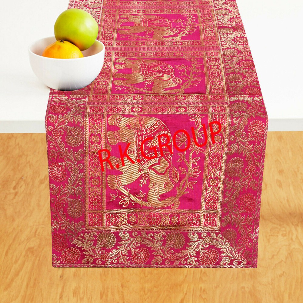 Indian Pink Wedding Decor Table Runner Boho Brocade Elephant Linen Tablecloth