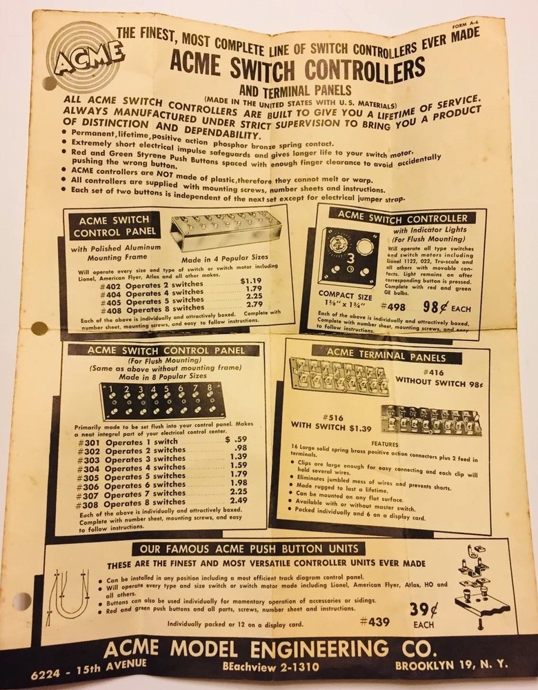 Vintage Acme Switch Controller Sales Sheet
