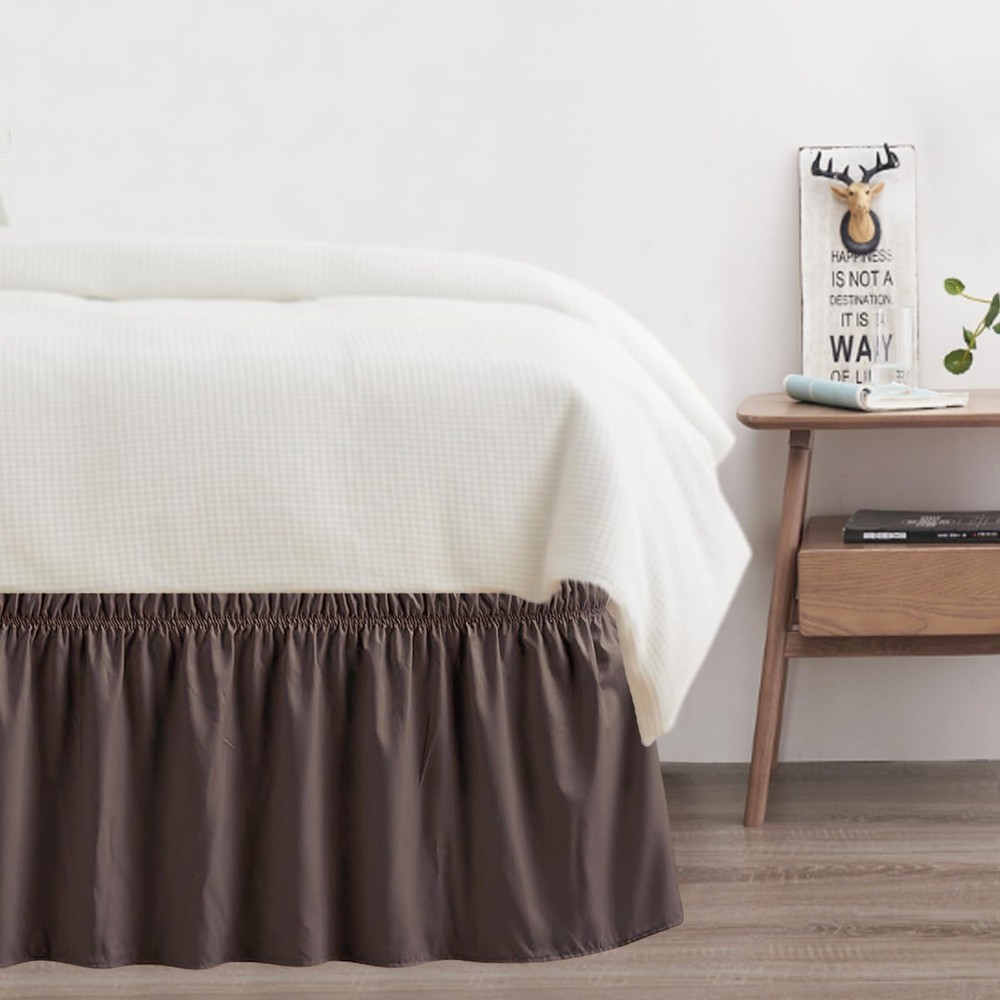 ANARACHON King Bed Skirt, Elastic Wrap Around 14" Drop, Solid Brown