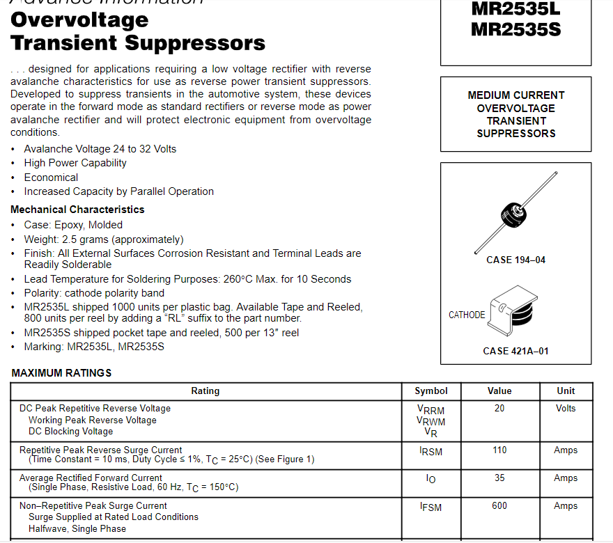 MR2535L Overvoltage Transient Suppressor Diode (QTY 1)