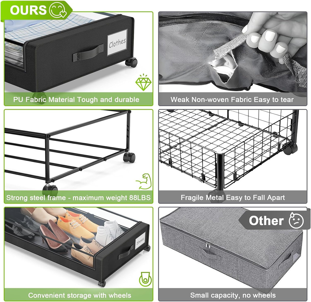under Bed Storage with Wheels, 2-Pack under the Bed Storage Containers with Lids