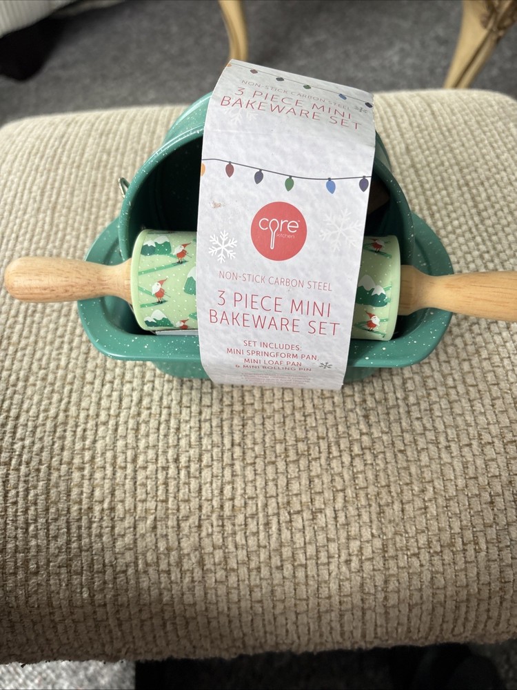 3 Pc Mini Bakeware Set Loaf, Spring Form, Rolling Pin Christmas