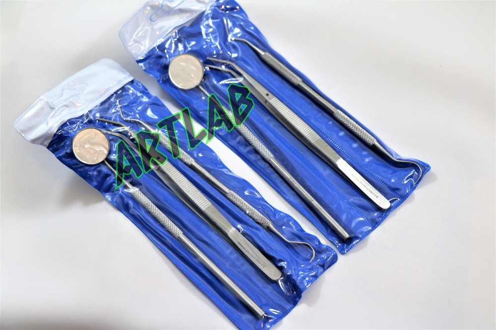 4 GERMAN BASIC DENTAL SETS- EXPLORER PROBE+DENTAL MIRROR+COLLEGE COTTON PLIER