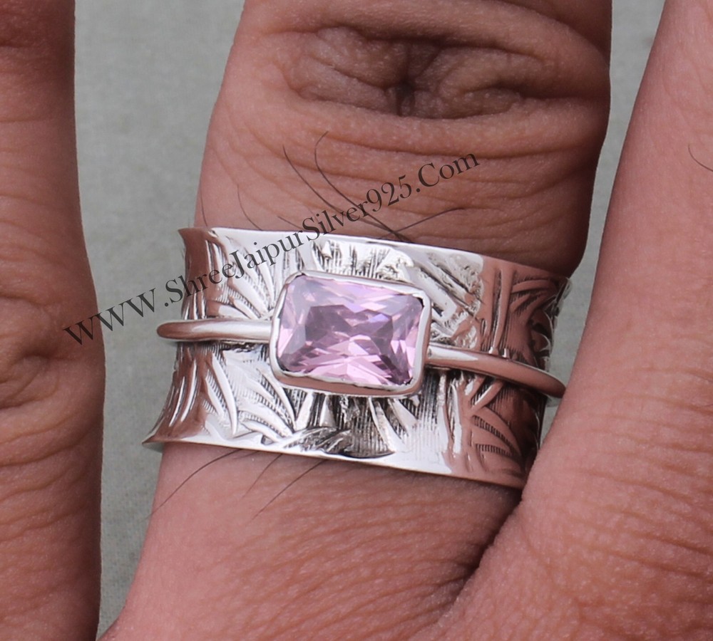 Pink Zircon Spinner Ring - 925 Sterling Solid Silver Spinner Ring-Silver Jewelry