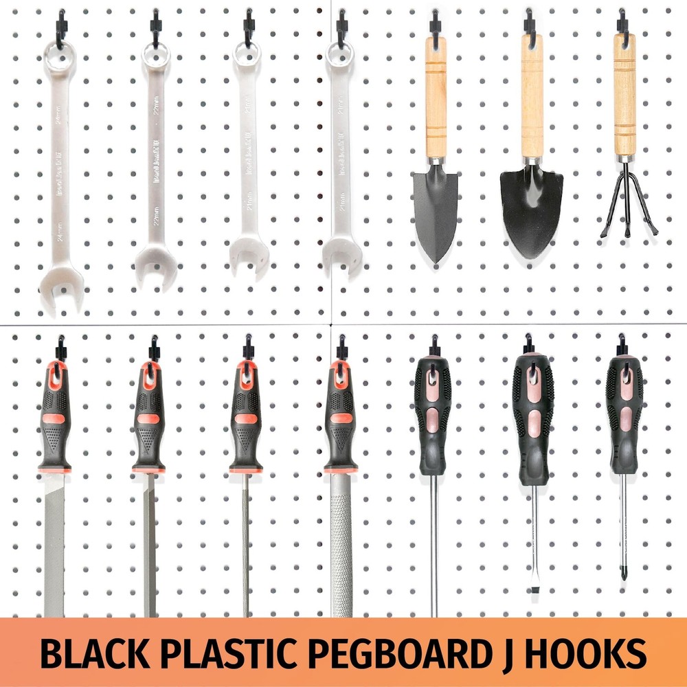 HUHOLE 100 Pack Pegboard Plastic Hooks – J Shape Peg Board Hooks for Hangi